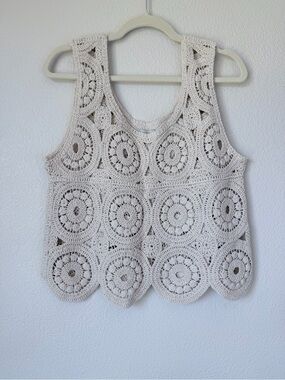 Yaira Cream Crochet Openwork Circle Tank Top Cotton Boho Size L